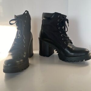 Zara Black Chunky Heel Lace Up Moto Boots (Size 38)